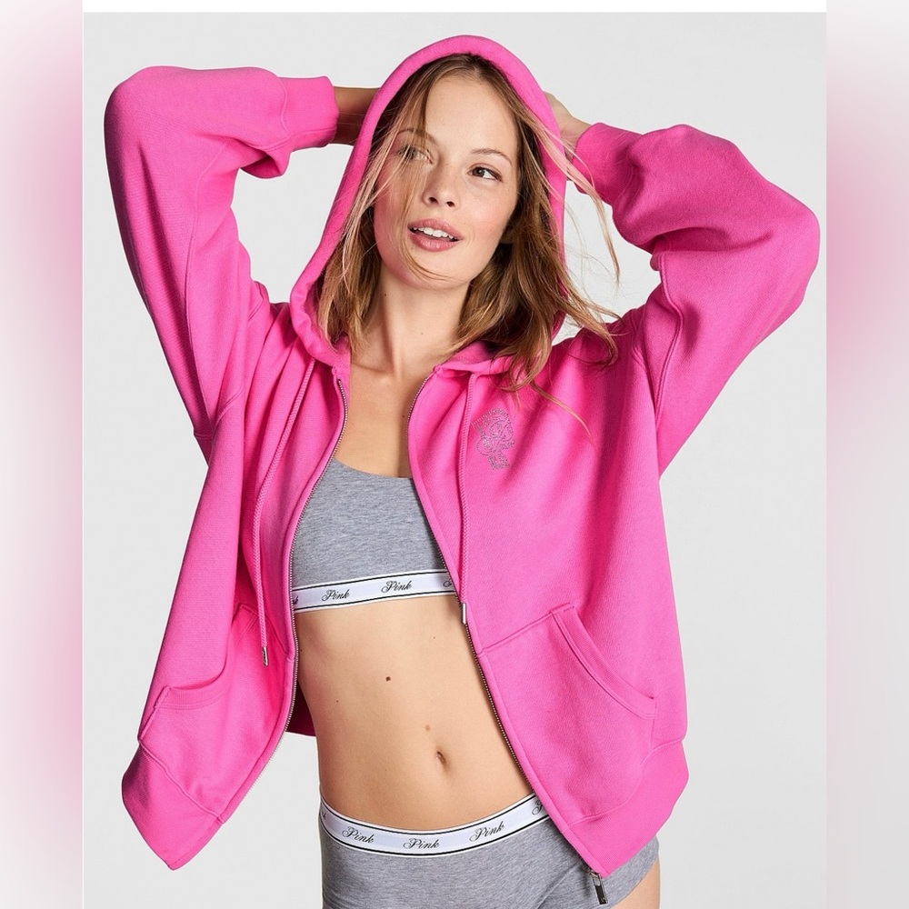 PINK Victoria’s Secret Campus Fleece Full‑Zip Hoodie – Large – NWT..Last one!!